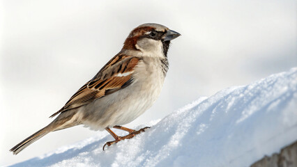 A small brown bird with a pointed beak, likely a chaffinch, sits on a snow, enjoying the winter wonderland