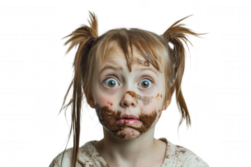 A young girl with two playful pigtails displays wide eyes and a surprised expression, her face covered in chocolate.