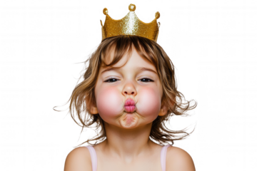 A young girl with wavy hair is wearing a shiny crown while playfully puffing her cheeks out. Her playful expression adds charm, creating a lighthearted and whimsical moment against a transparent backg
