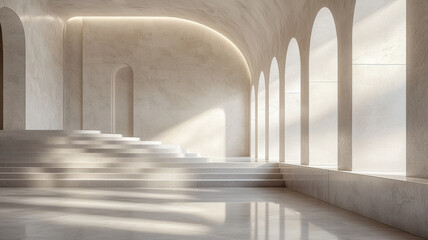 Obraz premium serene interior space featuring smooth, muted tones and elegant arches. soft light creates calming atmosphere, highlighting minimalist design and clean lines