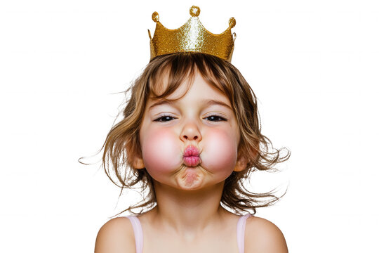 A young girl with wavy hair is wearing a shiny crown while playfully puffing her cheeks out. Her playful expression adds charm, creating a lighthearted and whimsical moment against a transparent backg