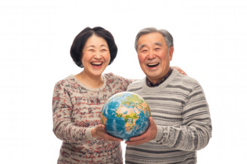 A joyful couple stands close together, both laughing and sharing a moment of happiness. They hold a colorful globe between them, symbolizing their love for travel and connection to the world, against