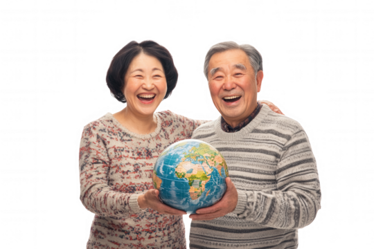 A joyful couple stands close together, both laughing and sharing a moment of happiness. They hold a colorful globe between them, symbolizing their love for travel and connection to the world, against 