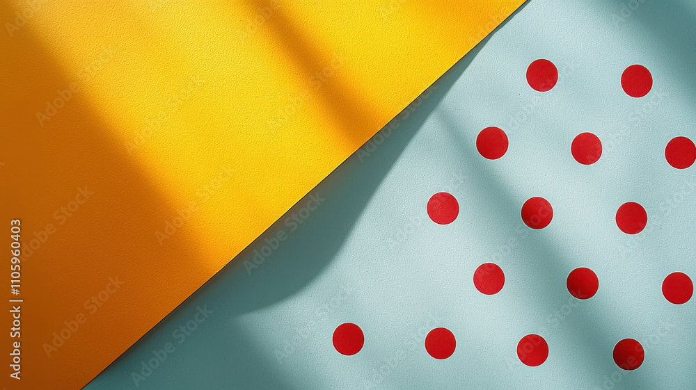 Poster bright yellow and soft blue surfaces with playful red polka dots create vibrant and cheerful atmosph