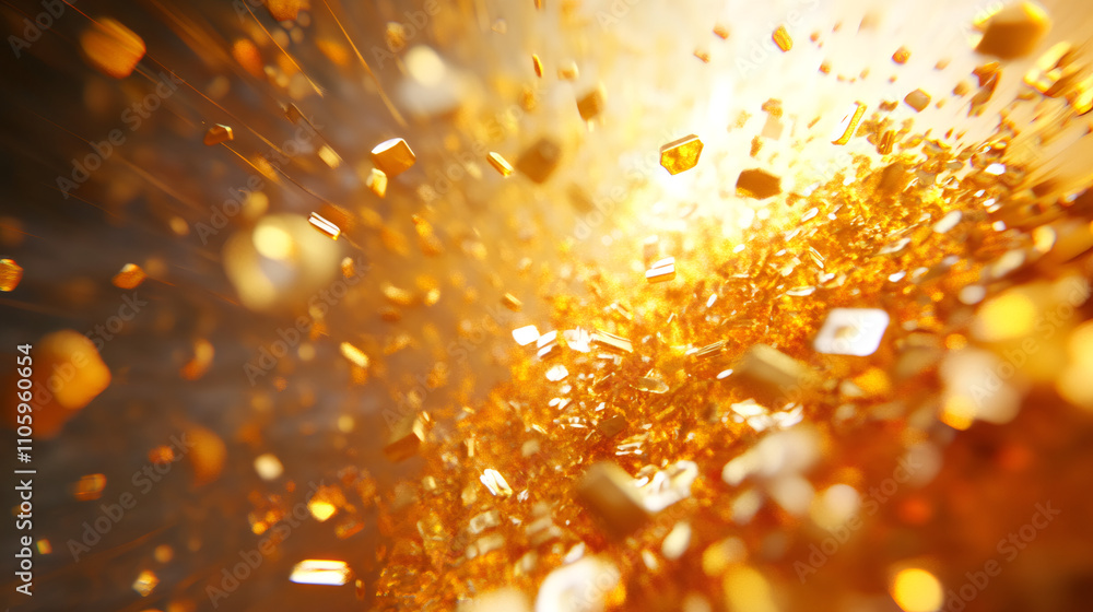 Poster golden confetti exploding in bright light, creating a festive and celebratory background, perfect fo