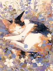 Sleeping Calico Cat in a Floral Scene