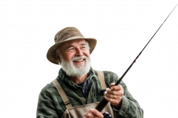 A cheerful fisherman with a white beard and wide-brimmed hat holds a fishing rod, deep in conversation. He wears a plaid shirt and suspenders, showcasing a joyful connection to his passion for fishing