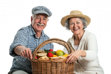 An elderly couple smiles joyfully while holding a wicker basket filled with colorful fruits and fresh bread. They are dressed in casual, comfortable clothing, embodying a scene of warmth and togethern