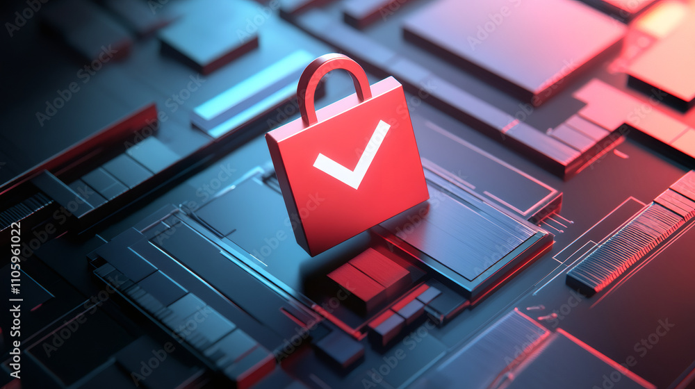 Fototapete red padlock with check mark hovering over circuit board, representing successful security verificati