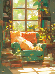 Sunlit Cat on a Cozy Chair