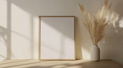 Empty frame mockup leaning on wooden table with pampas grass in vase in modern interior with sunlight shadows on white wall