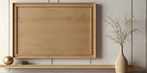 Wooden mock up poster frame on white wall above the shelf. Home decor with vases. Living room interior background 3d rendering