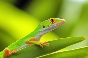Obraz premium Wild Green Anole - Anolis carolinensis - showing off his red dewlap. Large adult male on top of wood fence. Florida native. Beautiful simple AI generated image