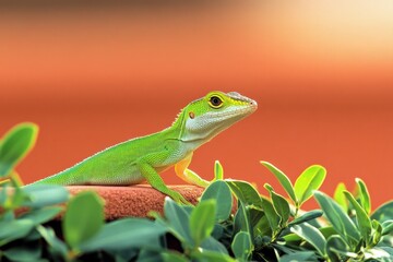 Fototapeta premium Wild Green Anole - Anolis carolinensis - showing off his red dewlap. Large adult male on top of wood fence. Florida native. Beautiful simple AI generated image