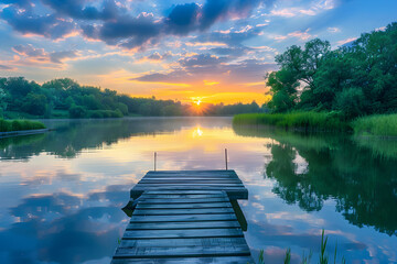 A Tranquil Sunset over a Serene Lake Surrounded by Lush Greenery with a Wooden Pier Extending into...