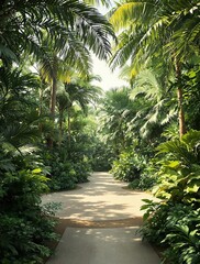 A garden filled with lush tropical plants including palm trees surrounded by dark green foliage, dense foliage, jungle scene, overgrown vegetation, tropical plants,