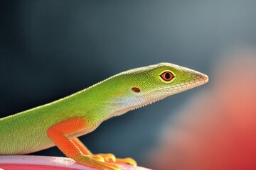 Fototapeta premium Wild Green Anole - Anolis carolinensis - showing off his red dewlap. Large adult male on top of wood fence. Florida native. Beautiful simple AI generated image