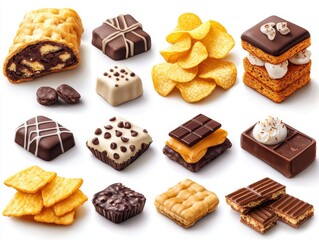 A set of various snacks popular that are often encountered in everyday life