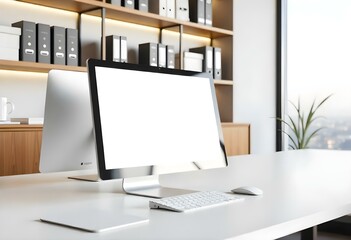 Fototapeta premium A white desktop computer monitor on a minimalist white desk with office supplies and shelves in the background.
