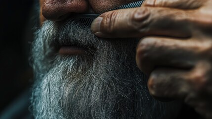 Obraz premium Close-Up of Elderly Man Grooming His Beard