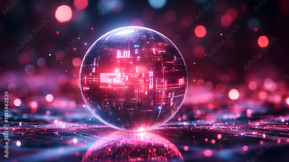 Poster glowing sphere with digital circuitry pattern, abstract technology background