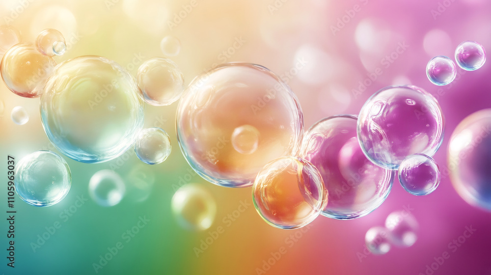 Poster Beautiful and dreamy atmosphere created by soap bubbles floating on a colorful background