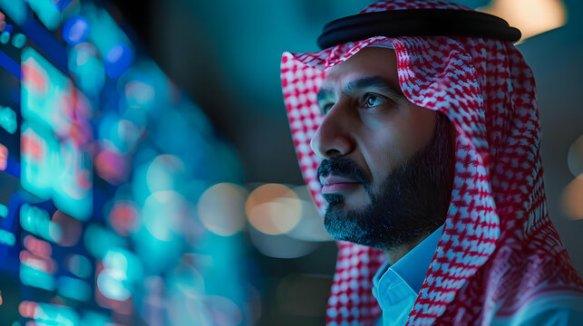A Man in Traditional Garb Contemplates Data on a Bright Screen at Night