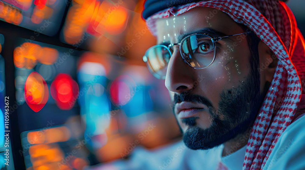 Poster close-up view of a man wearing glasses and a keffiyeh, focused on a computer screen with colorful da