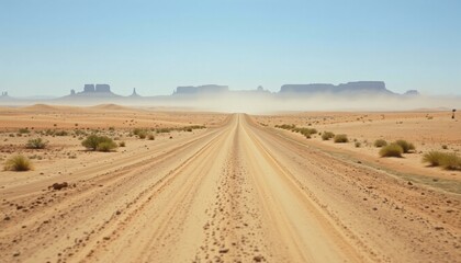 Long desert road leading to Monument Valley buttes under a clear sky.