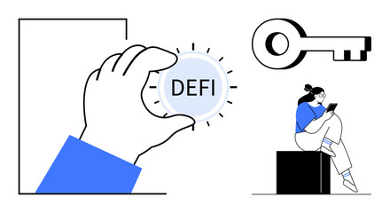 Hand holding DEFI coin, large key symbol, person using tablet, simplicity. Ideal for blockchain, financial technology, decentralized finance, security, investment cryptocurrency tech innovation