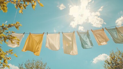 A clothesline sways gently in the breeze showcasing freshly washed laundry drying under the warm sun illustrating simple pleasures of domestic life