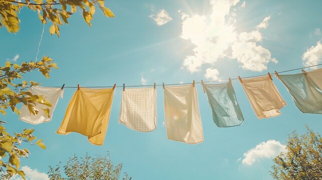 A clothesline sways gently in the breeze showcasing freshly washed laundry drying under the warm sun illustrating simple pleasures of domestic life