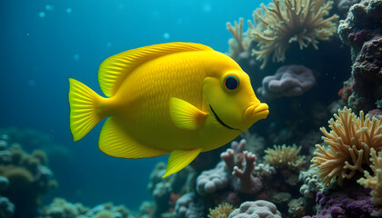 Close-up of a vibrant bright yellow tang fish swimming near a coral reef with soft sunlight