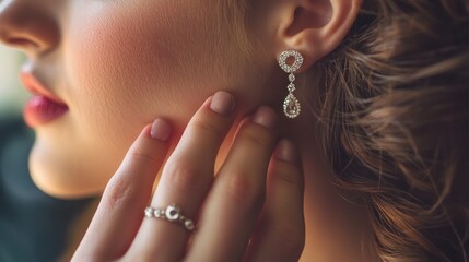 A close-up shot of a woman adjusting her elegant earrings before a formal event capturing the delicate beauty and attention to detail in accessorizing