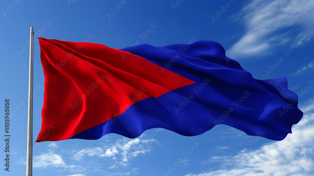 Poster red and blue flag waves in the sky: a 3d render of a triangular design