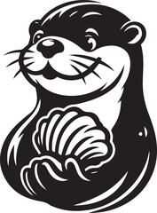 Obraz premium Otter with a cheeky grin holding a clam black silhouette vector