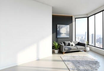A modern, minimalist living room with a white wall , a black accent wall , and a large window overlooking a city skyline . The room features a gray sofa , a potted plant , and a few decorative items.