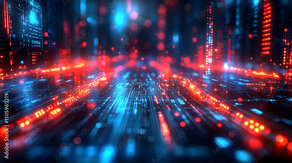Poster abstract 3d digital circuitry with red and blue glowing lines and bokeh lights as a futuristic techn