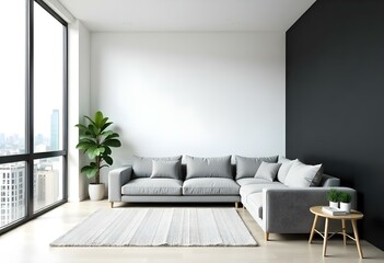 Fototapeta premium A modern, minimalist living room with a white wall , a black accent wall , and a large window overlooking a city skyline . The room features a gray sofa , a potted plant , and a few decorative items.