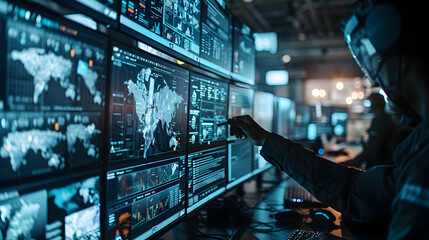 Naklejka premium Analyst Reviews Global Data Streams on Multiple Screens in a Dark Control Room