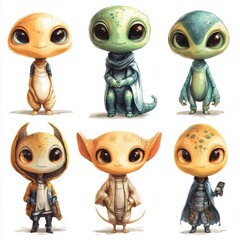 A set of various (Alien Cartoon Character Set) in full detail, isolated on a transparent background. 
