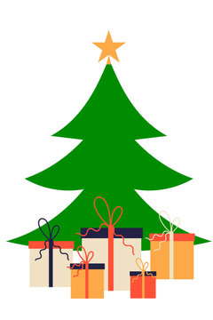 Woods, pine tree, fir, Christmas tree with five gifts, presents. Colorful, flat vector illustration on transparent background. Horizontal layout perfect for social media, card, banner or article. 