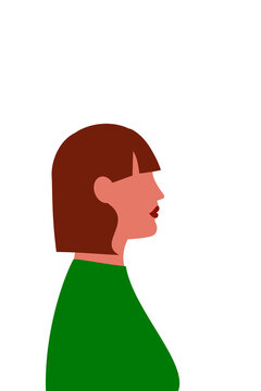 White woman, girl with brown bob, hair. Green top, sweatshirt. Colorful, flat vector illustration on transparent background. Character design, vertical layout