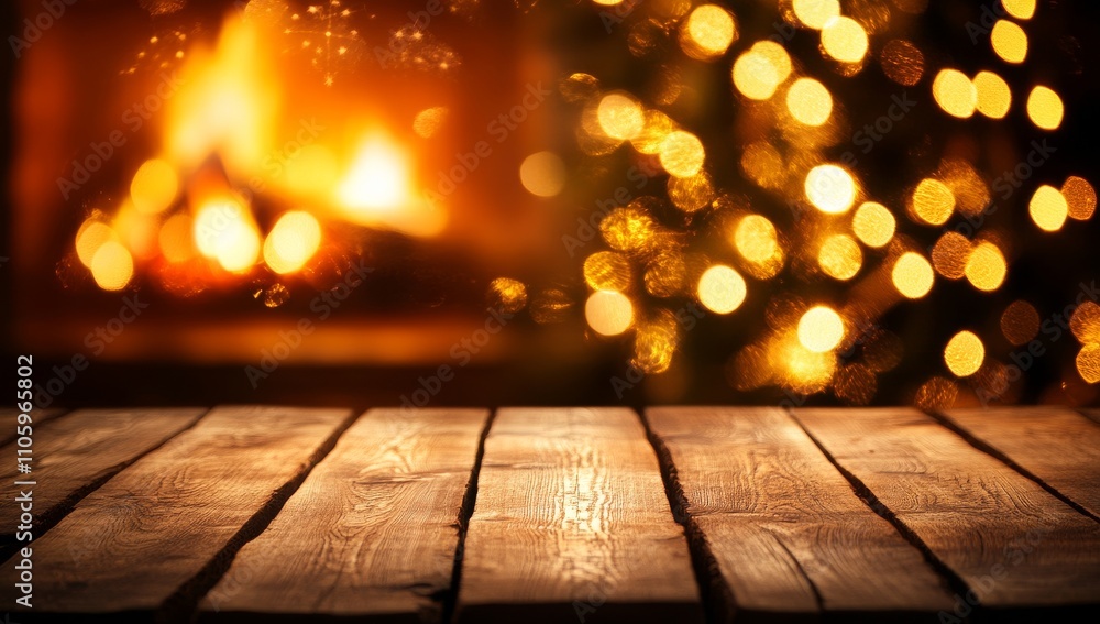 Poster holiday scene featuring a christmas tree and a fireplace, with ample space for text or additional el