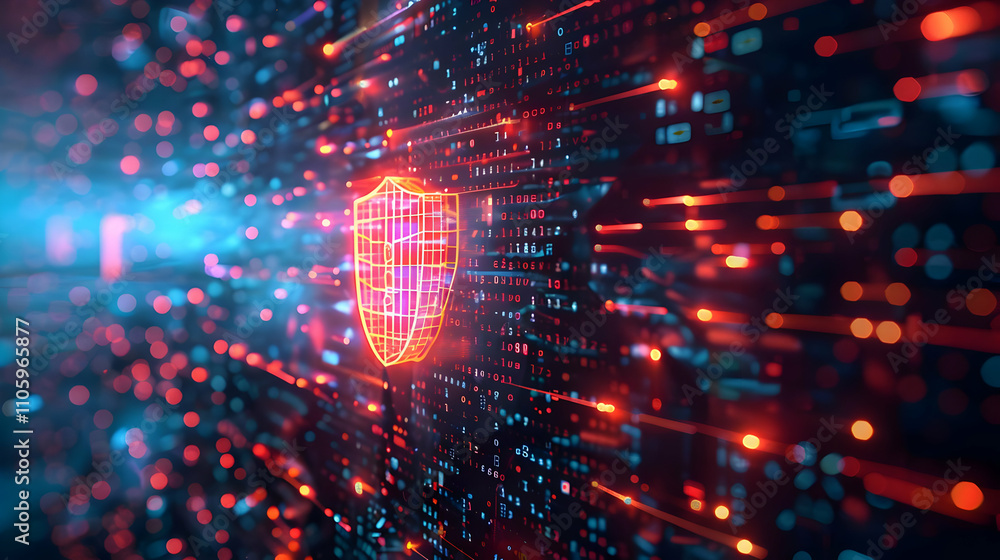 Poster abstract 3d digital shield illustration: protecting data streams with red and blue light effects