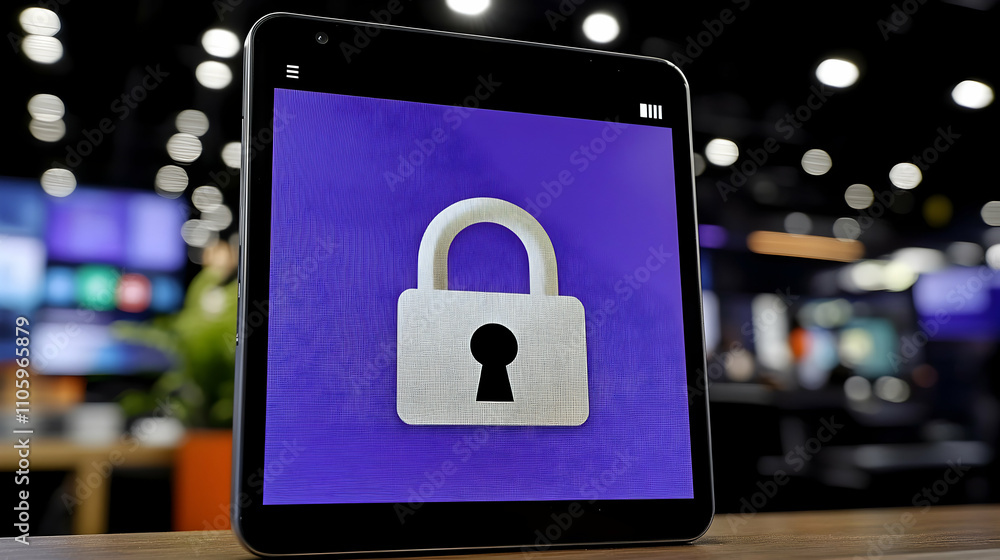 Poster a white padlock icon on a purple background is displayed on a tablet screen showing security protect