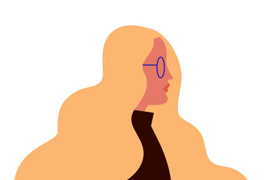 White woman, girl with long blonde hair, and glasses. Waves, curls. Colorful, flat vector illustration on transparent background. Character design, horizontal layout