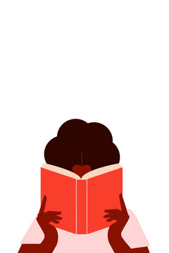 Dark-skinned, brown, black woman reading a book. Concept on education, learning and knowledge. Colorful, flat vector illustration on transparent background. Character design, vertical layout