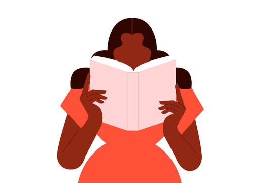 Dark-skinned, brown woman, young girl with long hair reading a book. Flat vector illustration. Concept on education, self-directed learning. Character design, vertical design