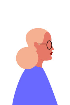 White woman, girl with blonde hair, bob and glasses. Stylish gal. Colorful, flat vector illustration on transparent background. Character design, vertical layout